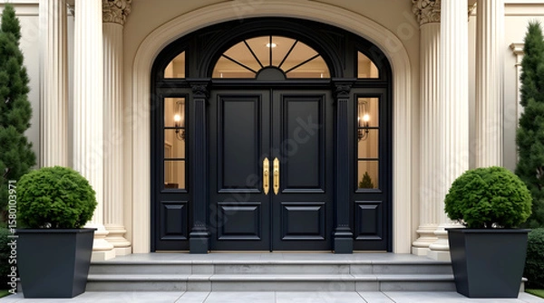 Fototapeta Black paneled double doors flanked by tall columns and topiary bushes with gold handles under arched window