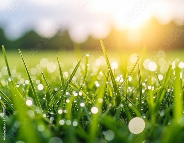 Obraz 비 오는 날, 풀잎 위에 조용히 맺혀 있는 빗방울의 클로즈업 장면, 부드러운 조명, 회색 하늘을 비추는 물방울.