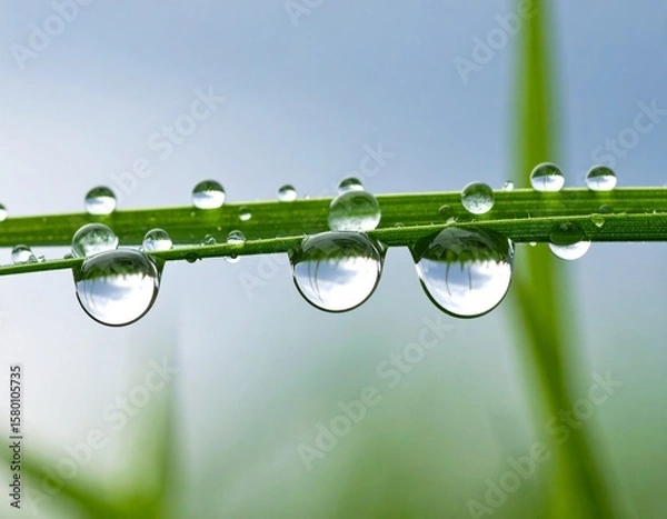 Obraz Generated image비 오는 날, 풀잎 위에 조용히 맺혀 있는 빗방울의 클로즈업 장면, 부드러운 조명, 회색 하늘을 비추는 물방울.