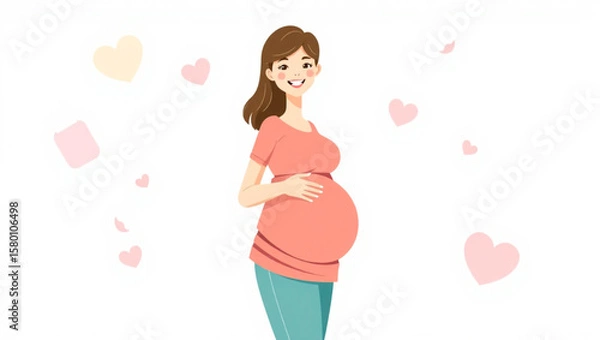 Fototapeta Illustration of a smiling pregnant woman holding her belly, surrounded by floating hearts.