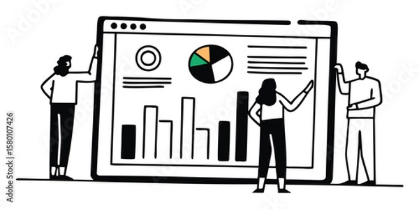 Fototapeta People analyzing data on a screen with pie chart and bar graph in black and white illustration style