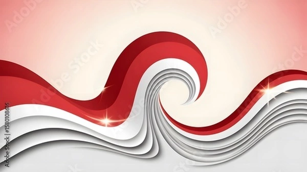 Fototapeta An abstract digital artwork depicting a dynamic wave pattern representing the Indonesian flag. The wave is rendered with smooth gradients transitioning from vibrant red to crisp white, showcasing flow