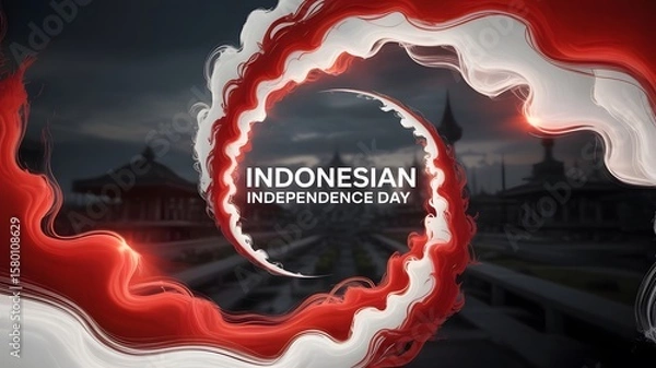 Fototapeta A dramatic, modern graphic design background for Indonesian Independence Day. The central focus is a swirling vortex of vibrant red and white smoke, dynamically blending together with a dark, almost b