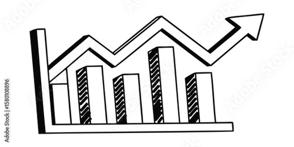 Fototapeta Hand drawn bar graph with upward trending arrow showing business growth and success concept illustration