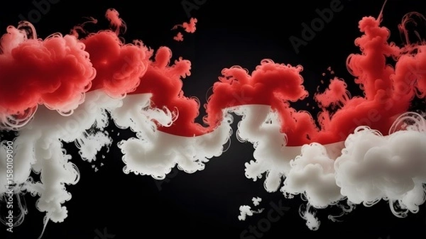 Fototapeta A dramatic, modern digital art background showcasing a swirling blend of red and white smoke against a deep black background. The smoke dynamically forms abstract shapes resembling the Indonesian flag
