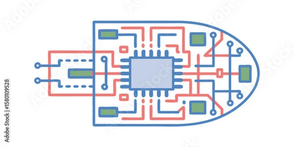 Fototapeta Illustration of a circuit board with chip, wires, and components in blue and red color scheme design