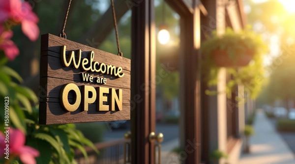 Fototapeta Inviting shop entrance with a cheerful welcome sign, hanging from a window frame, in golden light
