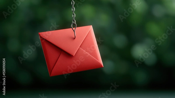 Fototapeta Phishing email concept with red envelope warning A red envelope hanging by a chain symbolizes a phishing email or suspicious message, highlighting online security risks and cyber threats