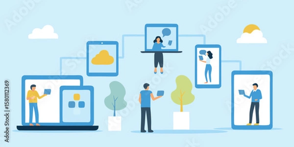 Fototapeta People connected through devices like laptops tablets and phones on a light blue background with clouds