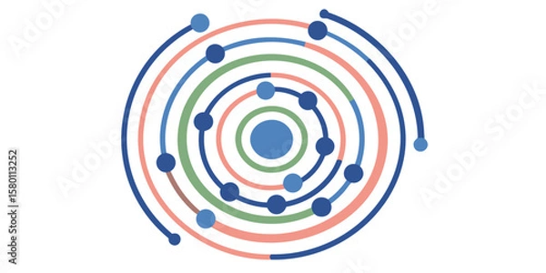 Fototapeta Circular design with concentric rings and dots in blue green and peach color palette forming atom shape