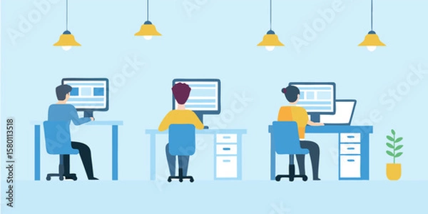 Fototapeta Three people working at desks with computers under hanging lights in a light blue office space
