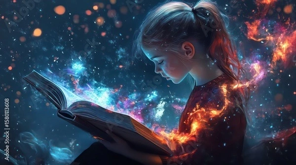 Obraz Girl absorbed in a book with magical light and cosmic energy emanating from its pages