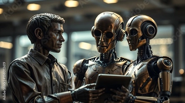 Obraz Human-Robot Collaboration on Tablet in Futuristic Workspace