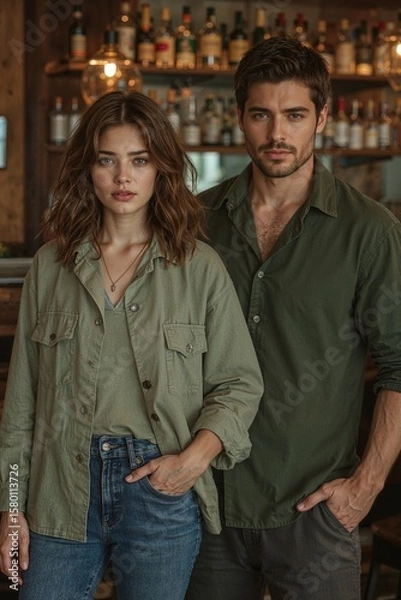 Fototapeta The text describes two main characters at a bar:**Kenna Rowan (the mysterious woman)**:- Hair: Auburn or light brown, possibly wavy- Eyes: Green or hazel, expressive with emotion- Build: Slender