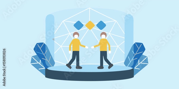 Fototapeta Two people shaking hands on a stage with geometric shapes and crystal formations in a light blue scene