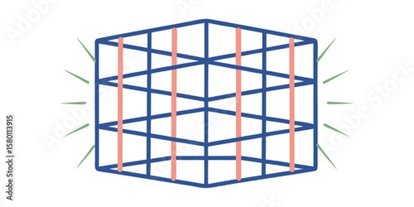 Fototapeta Illustration of a blue wireframe cube with pink vertical bars and green radiating lines on the sides