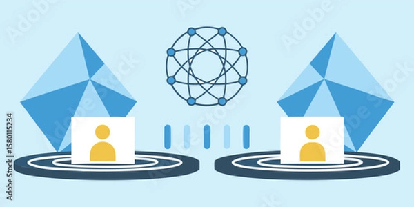 Fototapeta Networked individuals connected by technology with geometric shapes and digital connection