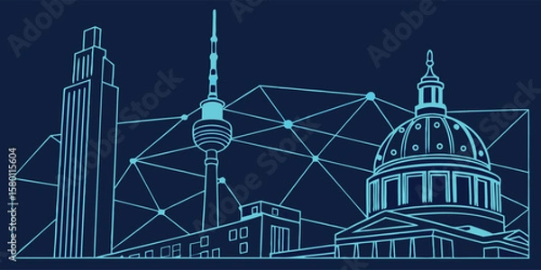 Fototapeta Outline of a city skyline featuring a tower building and a domed structure connected by lines and dots