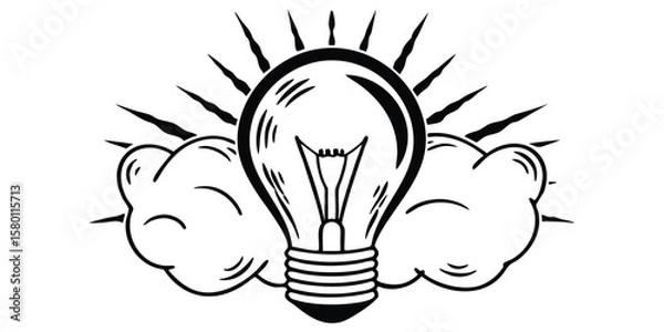 Fototapeta A lightbulb with radiating lines and cloud like shapes in a black and white illustration style art