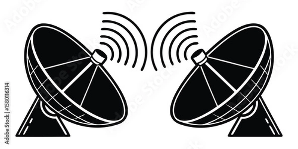 Fototapeta Two satellite dishes communicating with each other through radio waves in black and white style