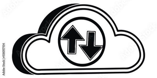 Fototapeta Cloud icon with upload and download arrows inside a circle in black and white design style image