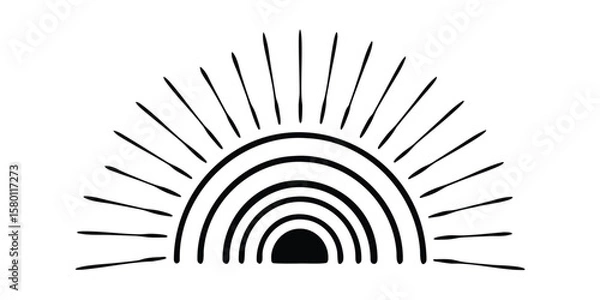 Fototapeta Stylized sun with radiating lines and concentric arches in black and white design element art