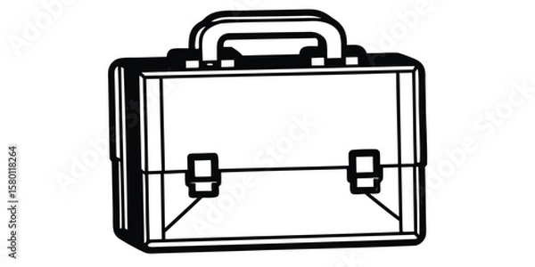 Fototapeta Illustration of a black and white briefcase with a handle and two clasps in a line drawing style