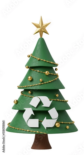 Fototapeta 3D Christmas Tree with Recycle Symbol Golden Star Transparent PNG