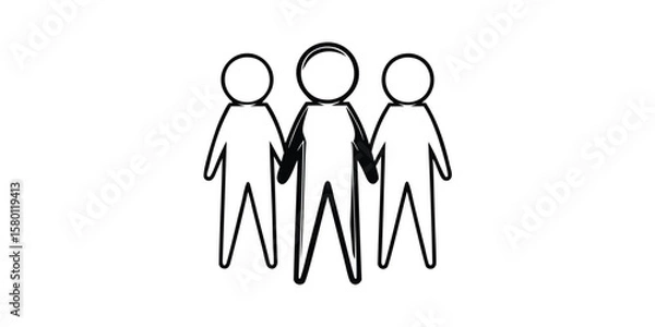 Fototapeta Illustration of three stick figures holding hands in a simple black and white line drawing style art