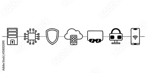 Fototapeta Network security and connectivity icons showing server chip shield cloud monitor and smartphone design