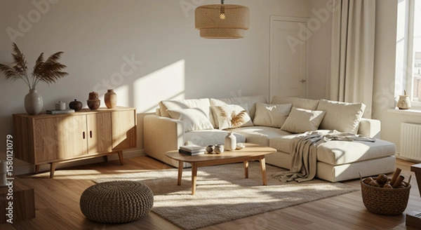 Fototapeta A bright and cozy living room with neutral tones and natural light