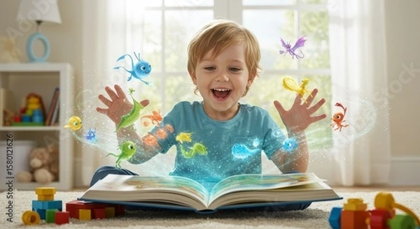 Fototapeta Enthralled boy discovering a magical world brought to life by an enchanted book