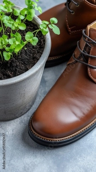 Fototapeta Brown leather shoes next to a pot of soil with green sprouts. Top view