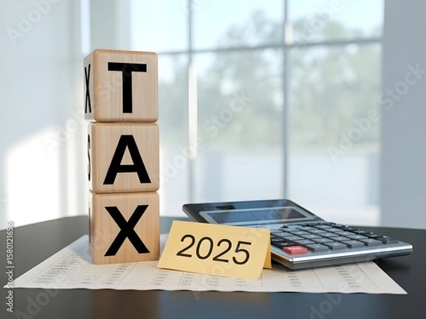 Fototapeta TAX written on wooden cubes over a calculator with spreadsheets and a sticky note reading 2025, symbolizing future tax planning, accounting and finance