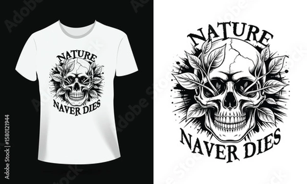 Fototapeta Skull with Green Leaves Vector T-Shirt Design – Botanical Grunge Art with Vines
