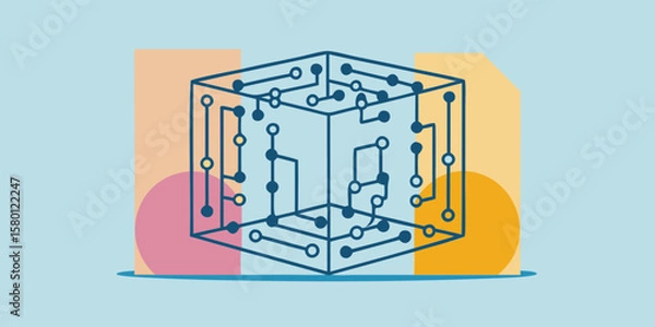 Fototapeta Geometric cube with circuit board pattern and colorful background shapes illustration design art