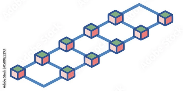 Fototapeta Isometric network of connected cubes with alternating colors forming a visual representation