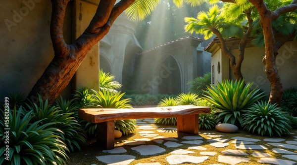Fototapeta Rustic wooden bench on a sunlit stone path, surrounded by agave and palm trees