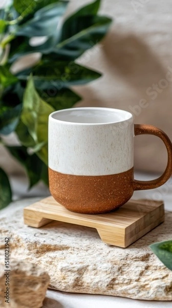 Obraz Mug mockup, with a wooden slice base with a green plant in the back of the scene