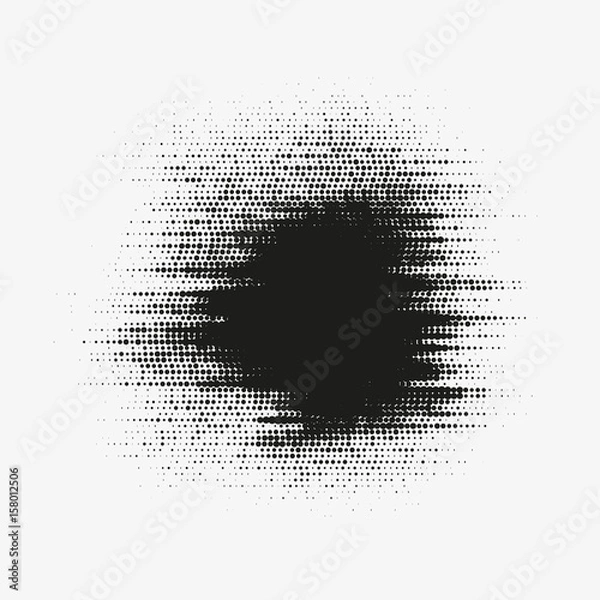 Fototapeta Glitched vector halftone stain. Black blot made of round particles. Modern abstract generative illustration with random distorted spot. Scattered array of dots. Gradation of tone. Element of design.