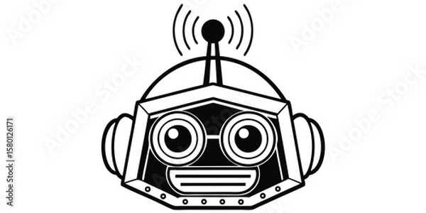 Fototapeta Illustration of a stylized robot head with antenna and circular eyes in black and white design style