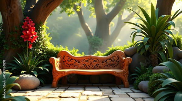 Fototapeta Wooden bench with ornate carvings on stone path surrounded by misty greenery and soft sunlit garden foliage