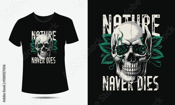 Fototapeta Skull with Green Leaves Vector T-Shirt Design – Botanical Grunge Art with Vines