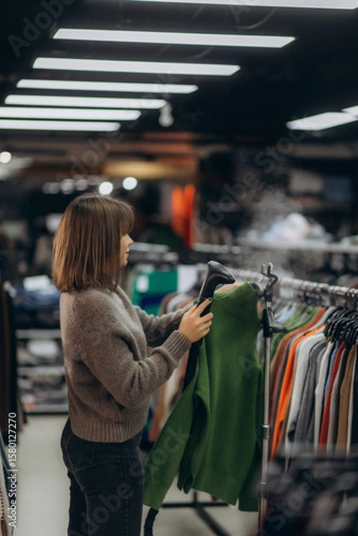 Fototapeta Woman Using Steamer to Smooth Clothes in a Store Setting