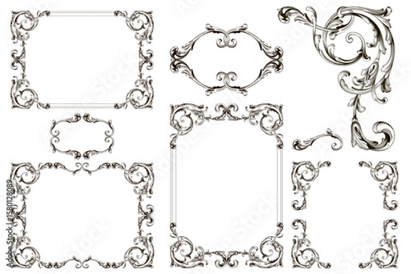 Fototapeta Decorative design set featuring flourish borders, corner elements, and frames, ideal for invitations, menus, and page embellishments. Perfect for enhancing layouts with elegant vector details.