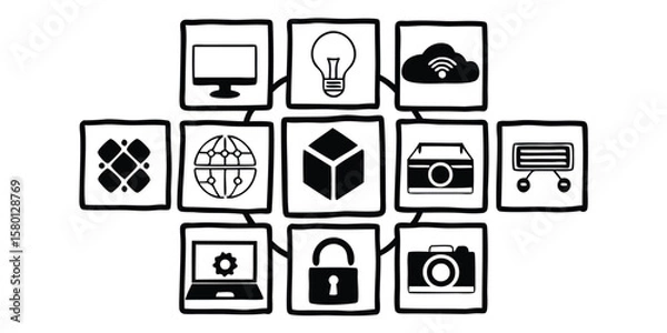Fototapeta Illustration showing interconnected technology icons including cloud and camera and globe icons