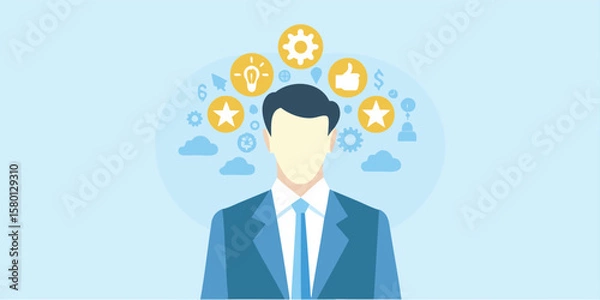 Fototapeta Illustration of a business man with icons of ideas, gears, and feedback floating above his head