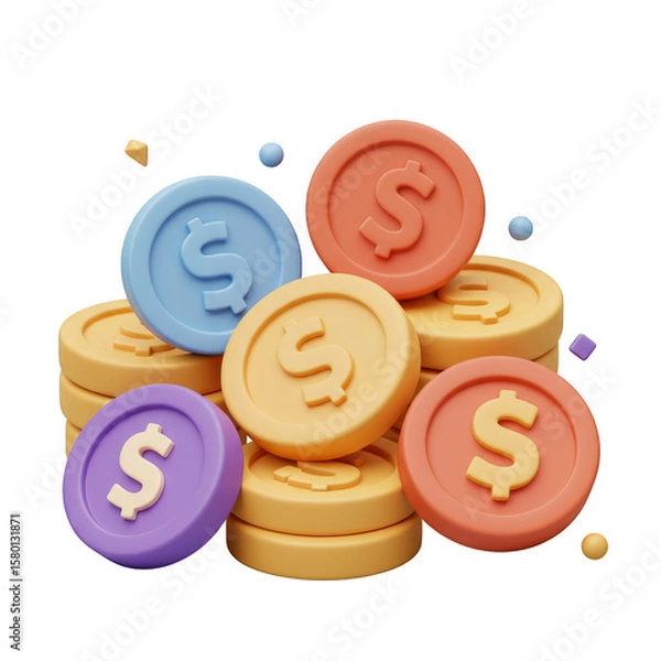 Fototapeta 3D Render of Dollar Coins Stacked High in Pastel Colors