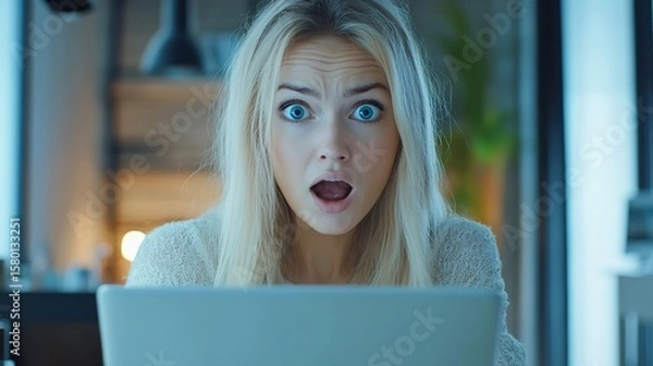Obraz Shocked woman looking at laptop screen with surprised expression at home office late at night working online silhouette