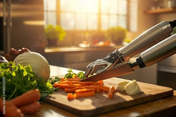 Obraz Cooking Automation Robotic Kitchen Assistant Preparing Fresh Vegetables